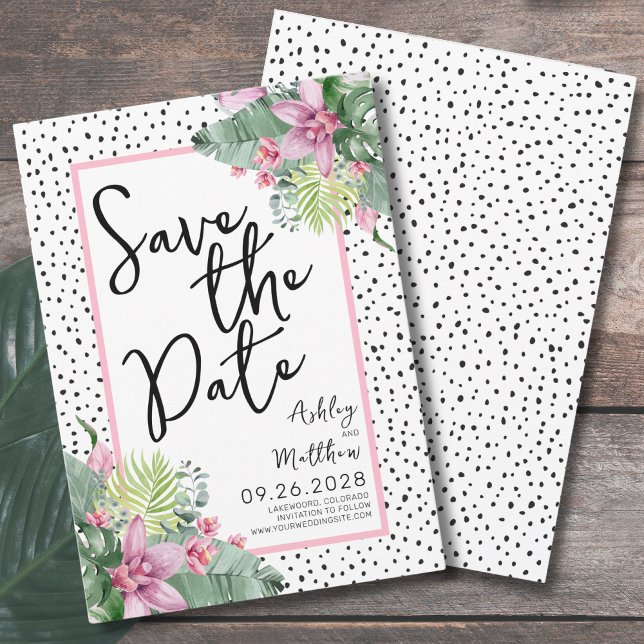 Cute Script Tropical Wedding Save The Date (Colorful Floral Palm Watercolor Tropical Wedding Save The Date)