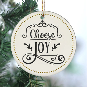 Cute Script Typography Choose Joy in Dark Blue Ceramic Tree Decoration