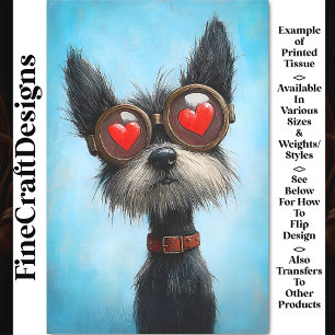 Cute Scruffy Black Dog Heart Goggles BW8 Decoupage Tissue Paper