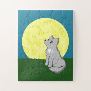 Cute Scruffy Wolf with Moon Kids Puzzle