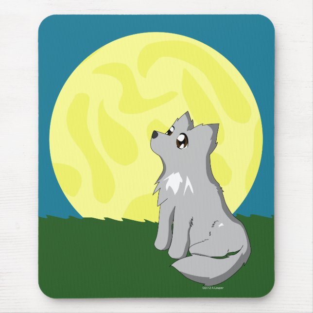 Cute Scruffy Wolf with Moon Mouse Mat (Front)