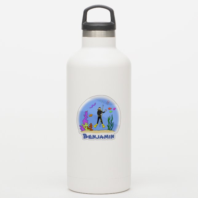 Cute scuba diver ocean life cartoon illustration (Waterbottle)