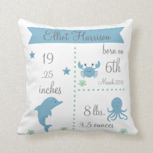 Cute Sea Animals Baby Boy Announcement Pillow