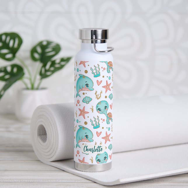 Cute Sea Animals Cool Pattern Custom Name Water Bottle (Yoga)