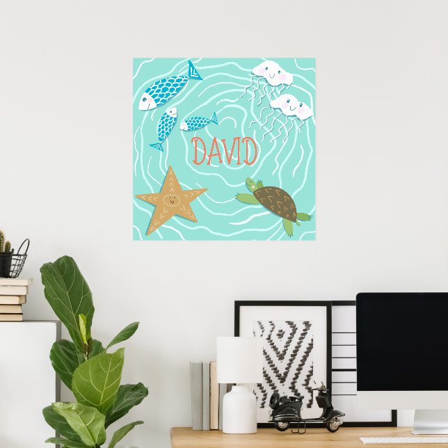 Cute Sea Creatures Personalized Wall Art  (Home Office)