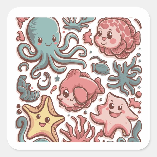 Cute Sea Creatures Square Sticker (Front)