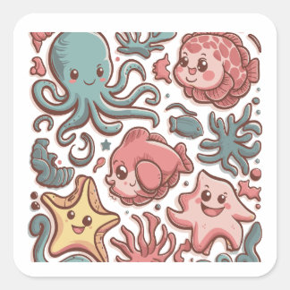 Cute Sea Creatures Square Sticker