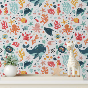 Cute Sea Creatures Turtle Whale Kids Pattern Wallpaper