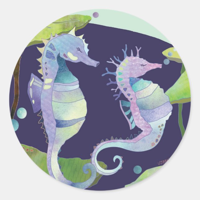 Cute Sea Horse Couple Classic Round Sticker (Front)