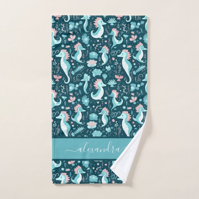 Cute sea horses pattern script name hand towel (Hand Towel)