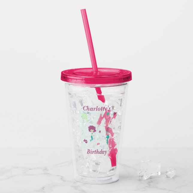 Cute sea life mermaid fishes name on blue acrylic tumbler (Front Ice)