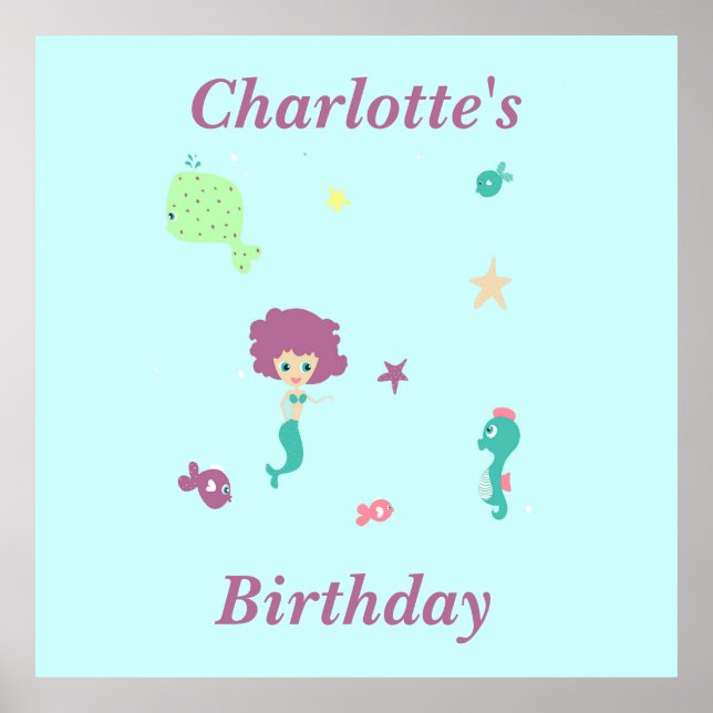 Cute sea life mermaid fishes name on blue poster (Front)