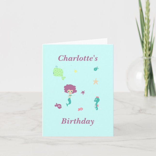 Cute sea life mermaid fishes name on blue thank you card (Front)