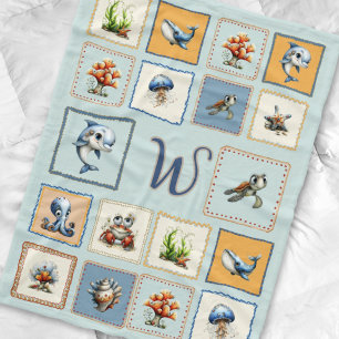 Cute Sea Life Patches Monogram Initial  Fleece Blanket