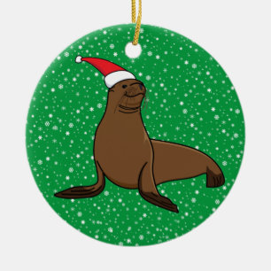 Cute Sea Lion in Santa Hat Christmas Ceramic Tree Decoration