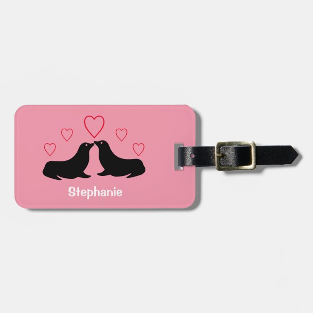 Cute Sea Lions Girly Name Pink Luggage Tag (Front Horizontal)