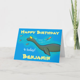 Cute sea monster plesiosaur cartoon illustration card