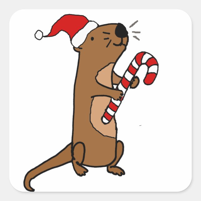 Cute Sea Otter in Santa Hat Christmas Cartoon Square Sticker (Front)