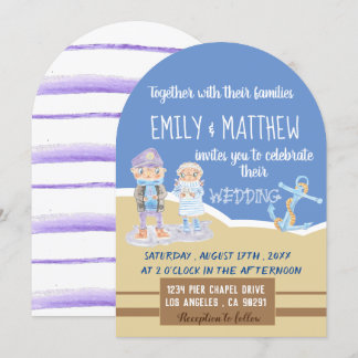 Cute Sea Otters Cartoon Beach Wedding Invitation