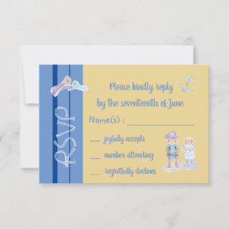 Cute Sea Otters Cartoon Blue and Beige RSVP Card