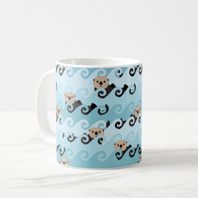 Cute Sea Otters Riding the Waves Coffee Mug (Front Left)