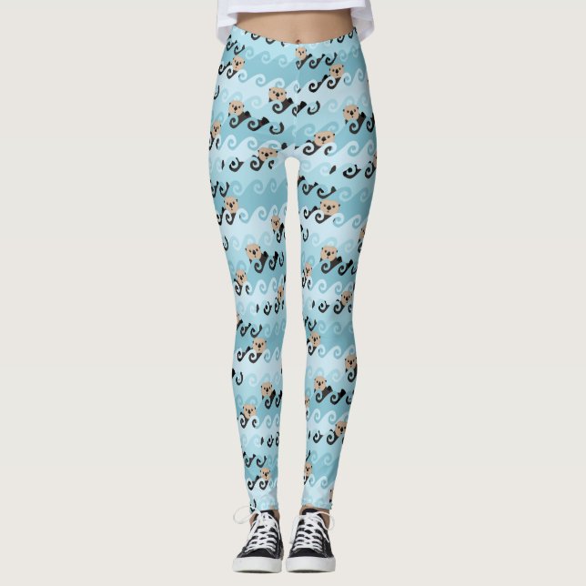 Cute Sea Otters Riding the Waves Leggings (Front)