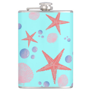 Cute Sea Shell starfish Coastal Summer Ocean Beach Hip Flask