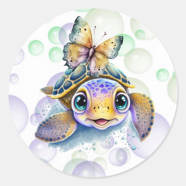 Cute Sea Turtle and a Butterfly Baby Shower Classic Round Sticker (Front)