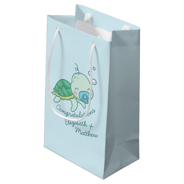 Cute Sea Turtle Baby Shower Blue Boy Small Gift Bag (Back Angled)
