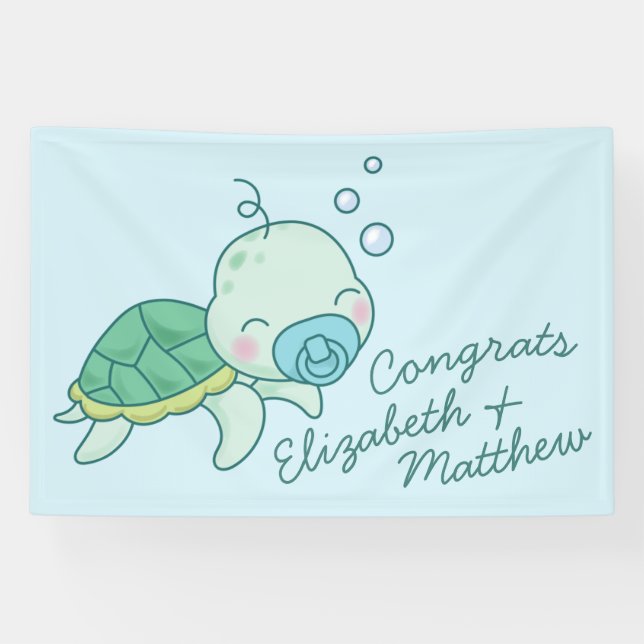 Cute Sea Turtle Baby Shower Kawaii Banner Blue Boy (Horizontal)
