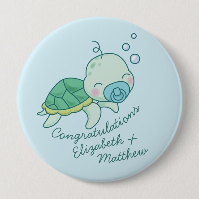 Cute Sea Turtle Baby Shower Kawaii Blue Boy 10 Cm Round Badge (Front)