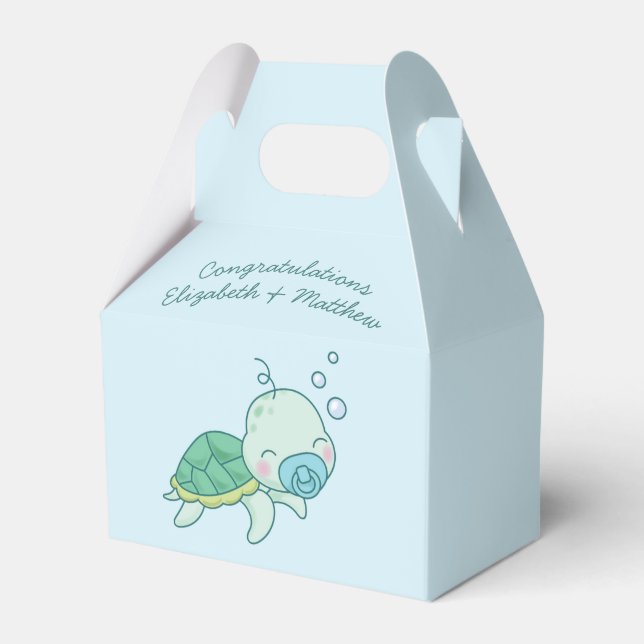 Cute Sea Turtle Baby Shower Kawaii Blue Boy Favour Box (Front Side)
