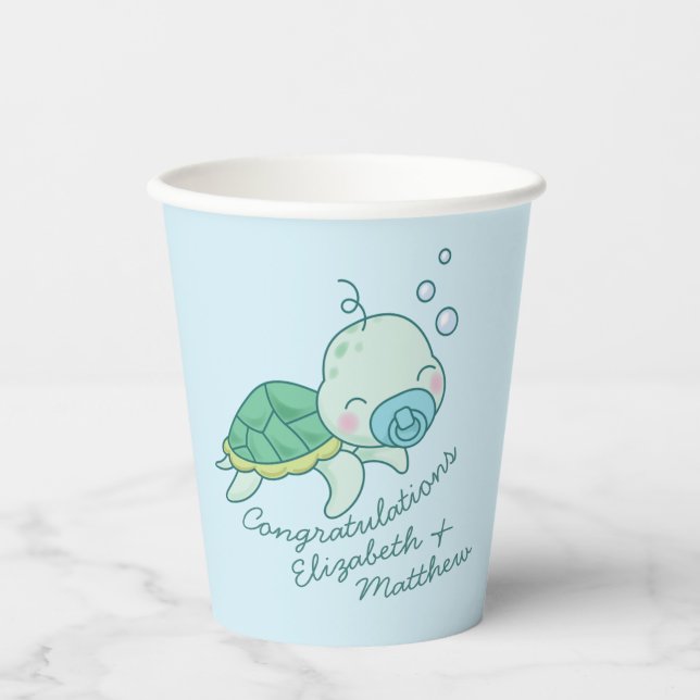 Cute Sea Turtle Baby Shower Kawaii Blue Boy Paper Cups (Front)