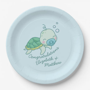Cute Sea Turtle Baby Shower Kawaii Blue Boy Paper Plate