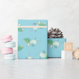 Cute Sea Turtle Baby Shower Kawaii Blue Boy Wrapping Paper