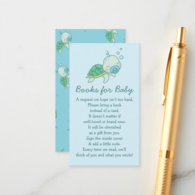 Cute Sea Turtle Baby Shower Kawaii Book Blue Boy Enclosure Card (Front/Back In Situ)