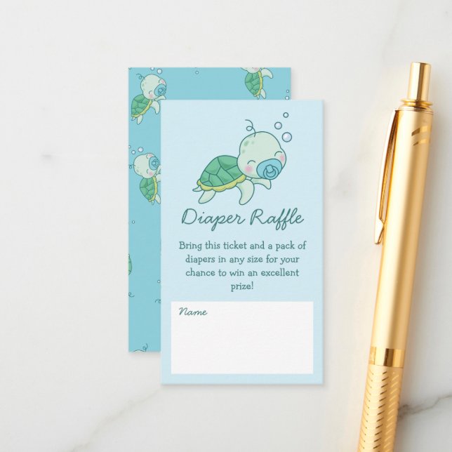 Cute Sea Turtle Baby Shower Kawaii Diaper Raffle Enclosure Card (Front/Back In Situ)
