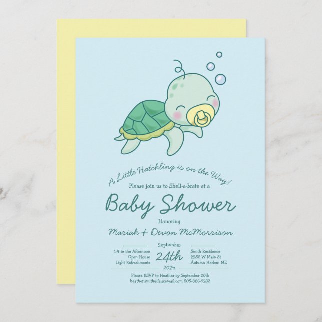 Cute Sea Turtle Baby Shower Kawaii Invitation (Front/Back)