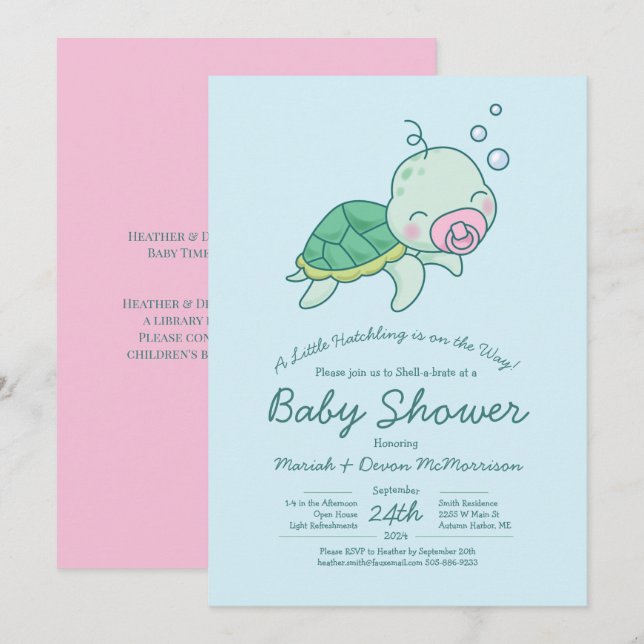 Cute Sea Turtle Baby Shower Kawaii Pink Girl Invitation (Front/Back)