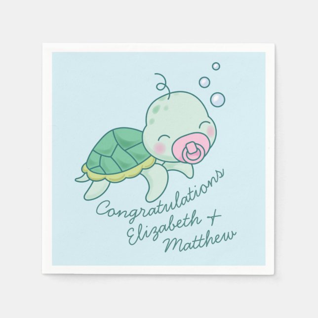 Cute Sea Turtle Baby Shower Kawaii Pink Girl Napkin (Front)