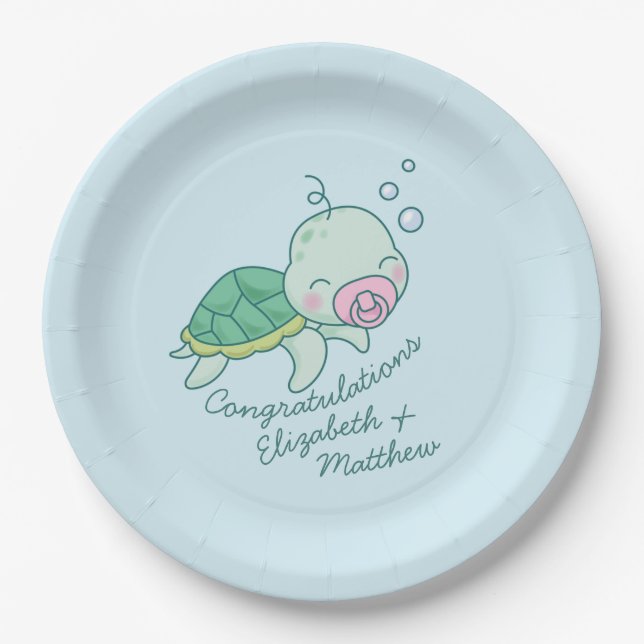 Cute Sea Turtle Baby Shower Kawaii Pink Girl Paper Plate (Front)