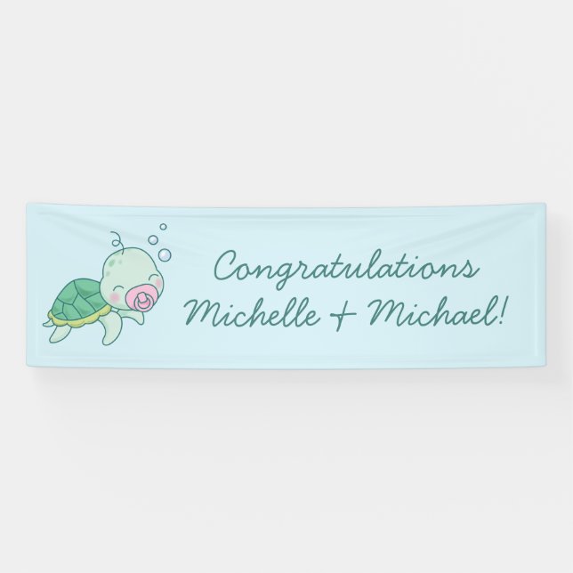 Cute Sea Turtle Baby Shower Pink Girl Banner (Horizontal)