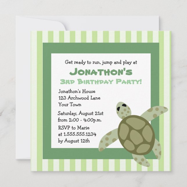 Cute Sea Turtle Birthday Party Invite - Green (Front)