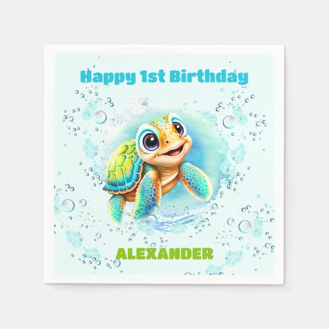 Cute Sea Turtle Boy 1st Birthday Napkins (Front)
