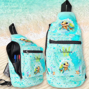 Cute Sea Turtle Boy Ocean Turquoise Monogram Name Sling Bag