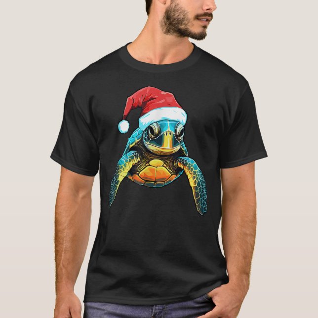 Cute Sea Turtle Christmas Santa Hat Xmas Pajama T-Shirt (Front)