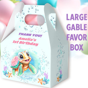 Cute Sea Turtle Colourful 1st Birthday Large Gable Favour Box