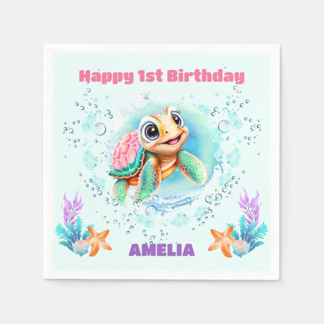 Cute Sea Turtle Colourful 1st Birthday Napkins (Front)