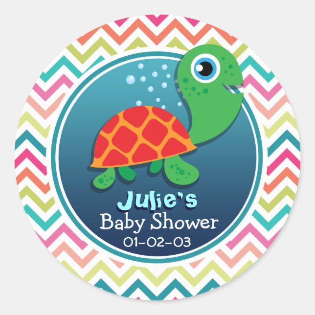 Cute Sea Turtle; Colourful Chevron Baby Shower Classic Round Sticker (Front)
