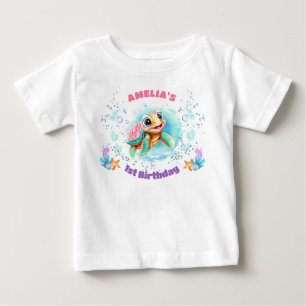 Cute Sea Turtle Colourful Girl 1st Birthday Baby T-Shirt